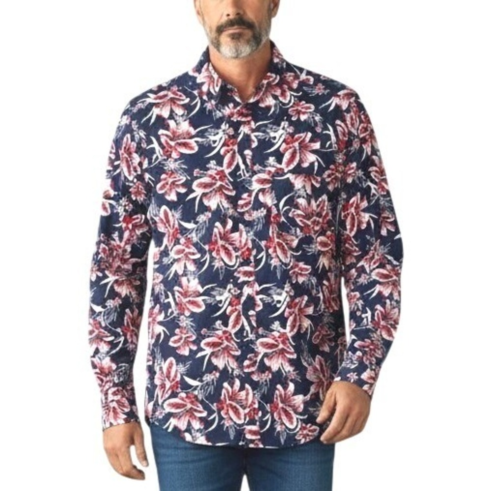 Paisley & Gray Slim Fit Mens Navy Red Floral Hibiscus Long Sleeve Shirt Large 17